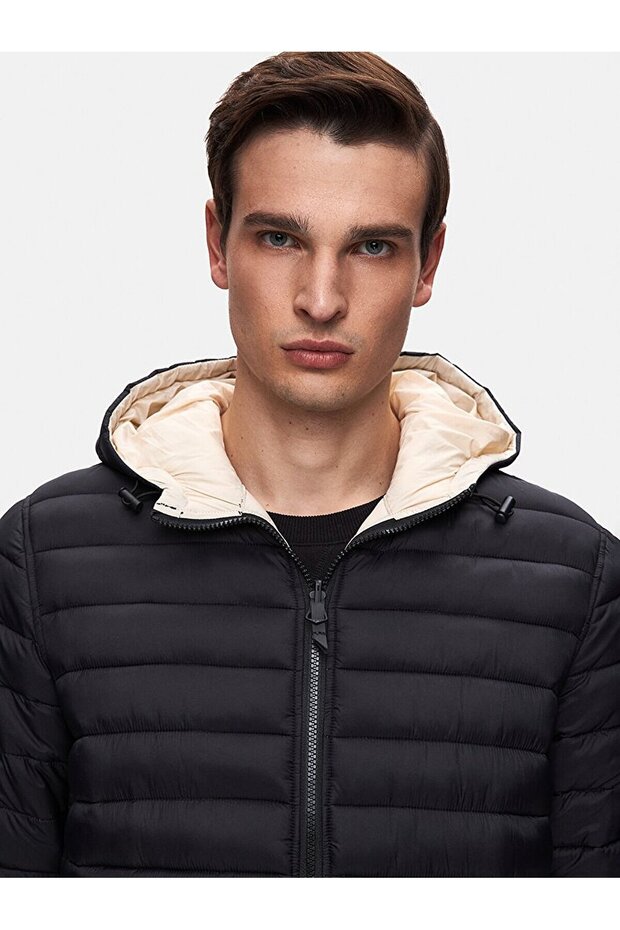 Kapüşonlu Düz Siyah Mont - 5