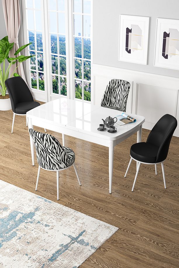 Kor Serisi 70x114 Açılabilir Mutfak Masası Takımı Beyaz Masa 2 Zebra Desen 2 Siyah Sandalye - 1