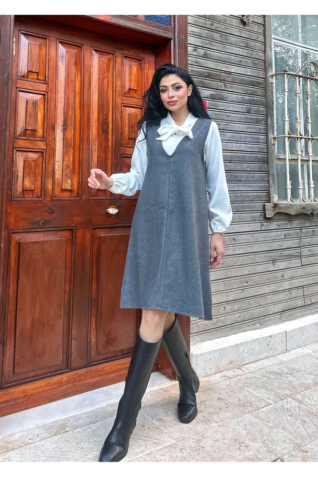 Anthracite Short Stamp V-Neck Gilet Dress