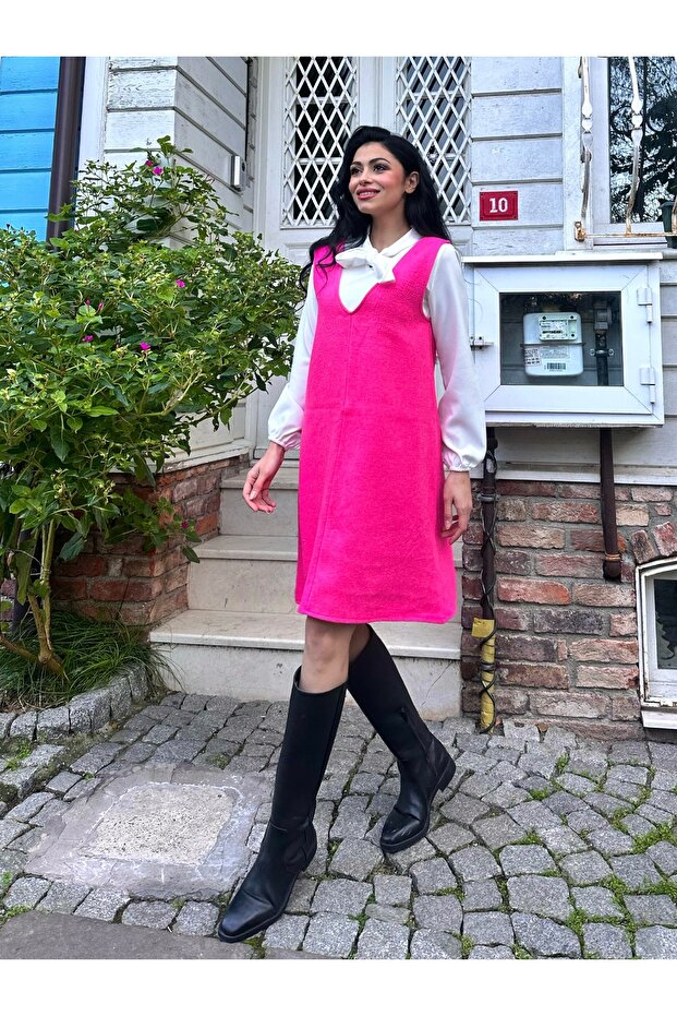 Fuchsia Pink Short Stamp V-Neck Gilet Dress