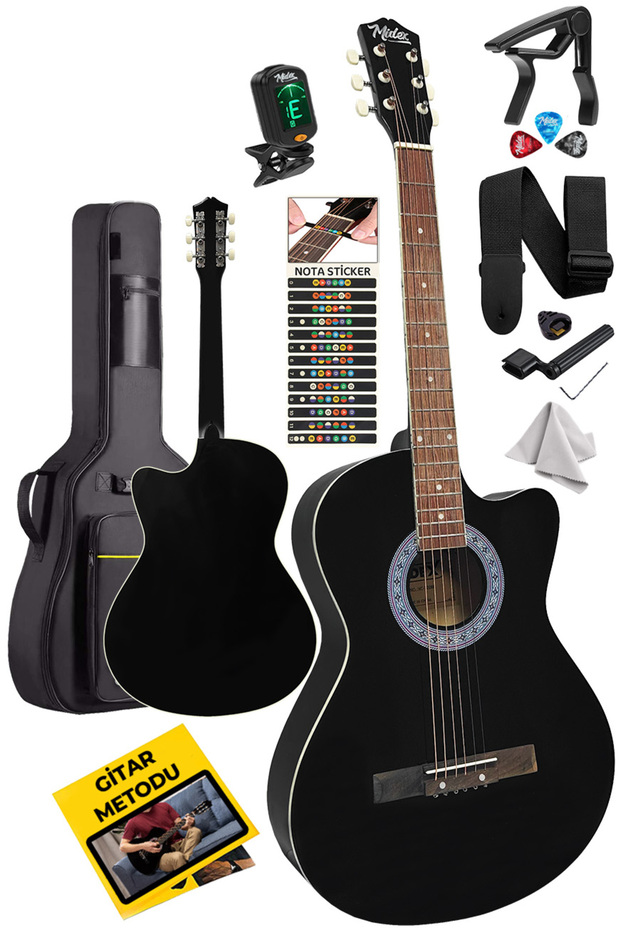 Xc-120 Black Renk Kaliteli Akustik Gitar Gül Klavye Sap Ayarlı 4/4 Yetişkin Boy Full Set - 1