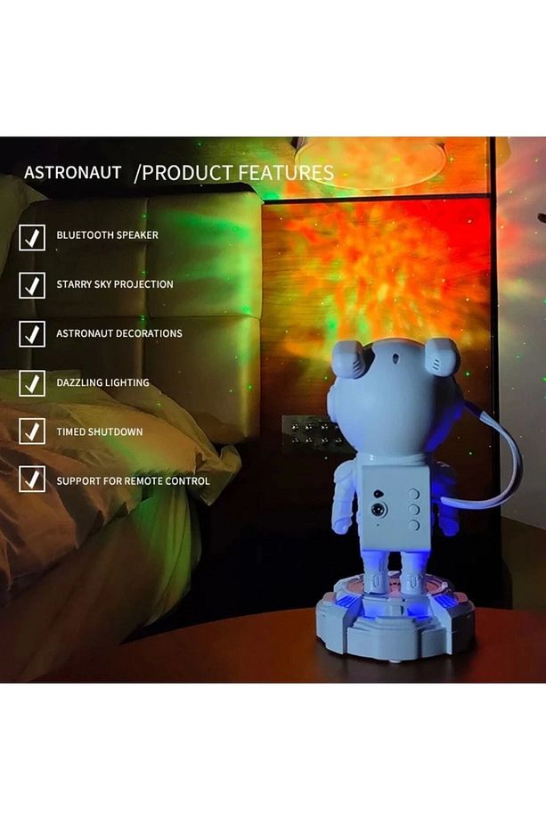 Astronot Projektör Bluetooth Hoparlör Yıldız Işıklı Galaksi Samanyolu Masa Lambası Kumandalı - 7