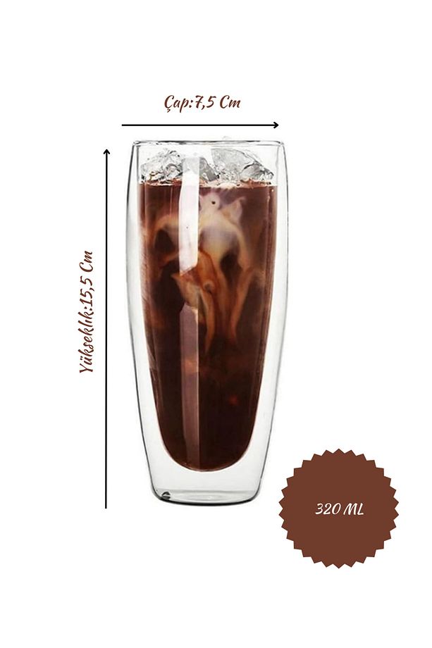 Çift Cidarlı Uzun Meşrubat,Kokteyl,Latte 320 ML Cam Bardak Seti 2 Adet 2324 - 2