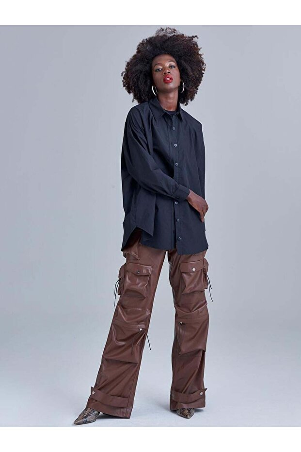 Oversıze Düşük Omuz Gömlek - Siyah - 1