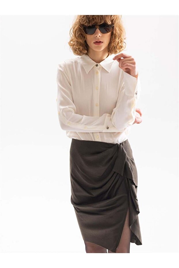 Drapeli Fermuar Detaylı Mini Etek - Siyah - 1