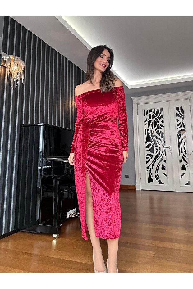 Red Velvet Front Slit Off the Shoulder Long Dress