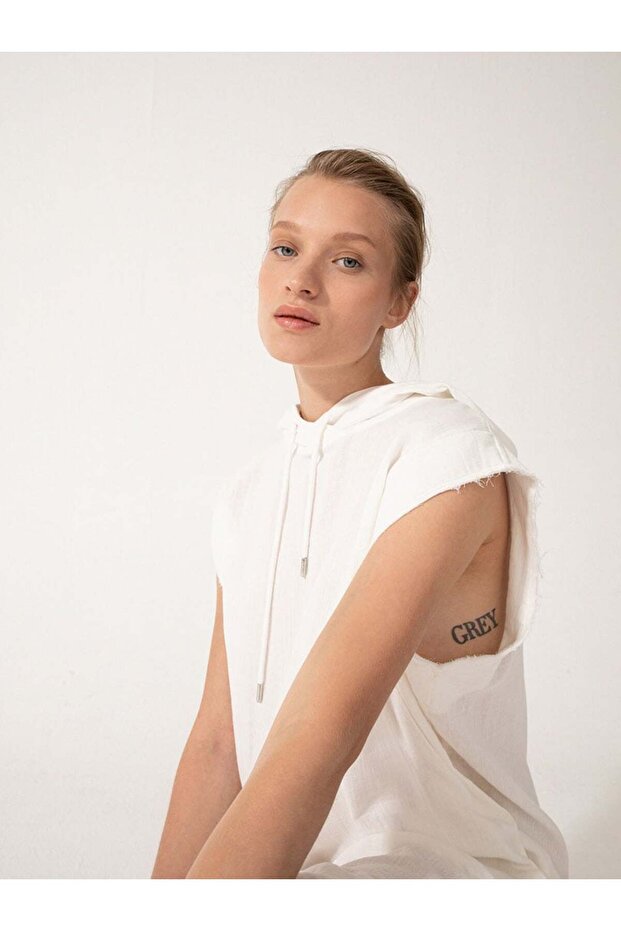 Oversize Kapüşonlu Panço-Elbise - Beyaz - 4