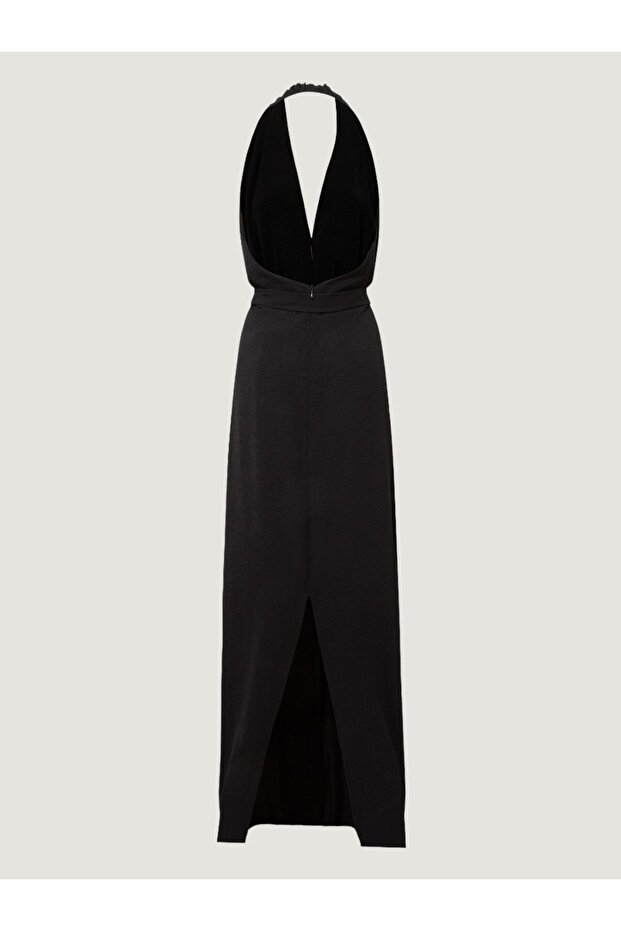 Önü Dekolteli Boyundan Askılı Uzun Elbise - Siyah - 8