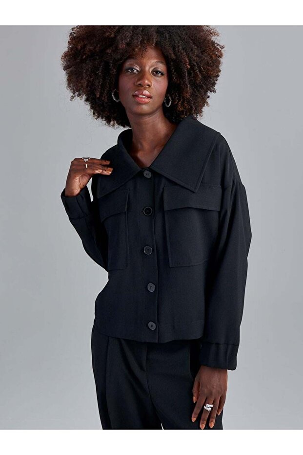 سترة جيب بياقة واسعة - أسود - 1