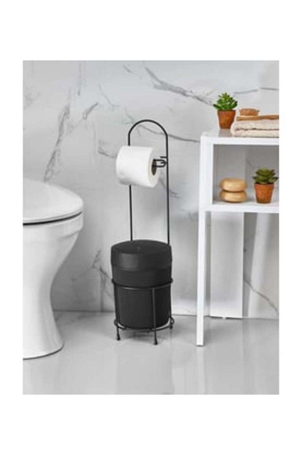 Lüks Banyo Mutfak Çöp Kovası Metal Standlı Tuvalet Wc Kağıtlık Seti | Siyah - 2