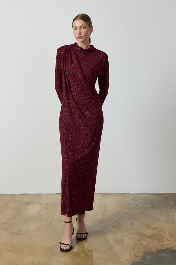 Bordo Simli Drape Elbise - 2