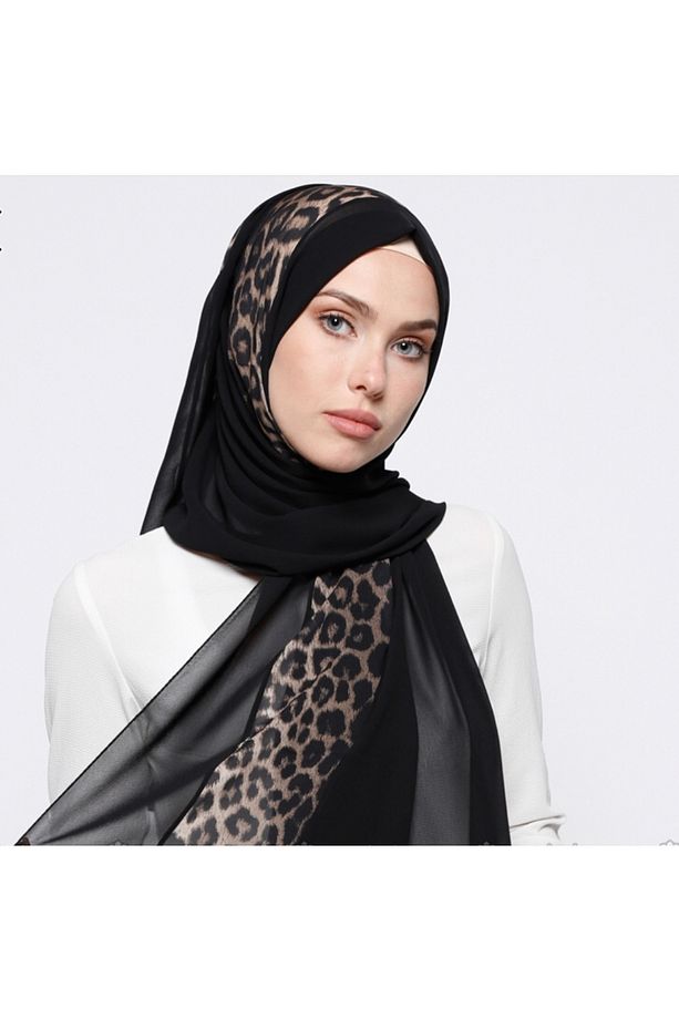 Leopar Su Yolu Şifon Şal - Siyah - 1