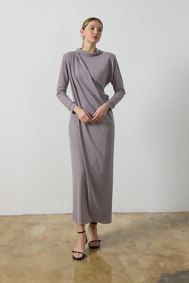 Gri Simli Drape Elbise - 2
