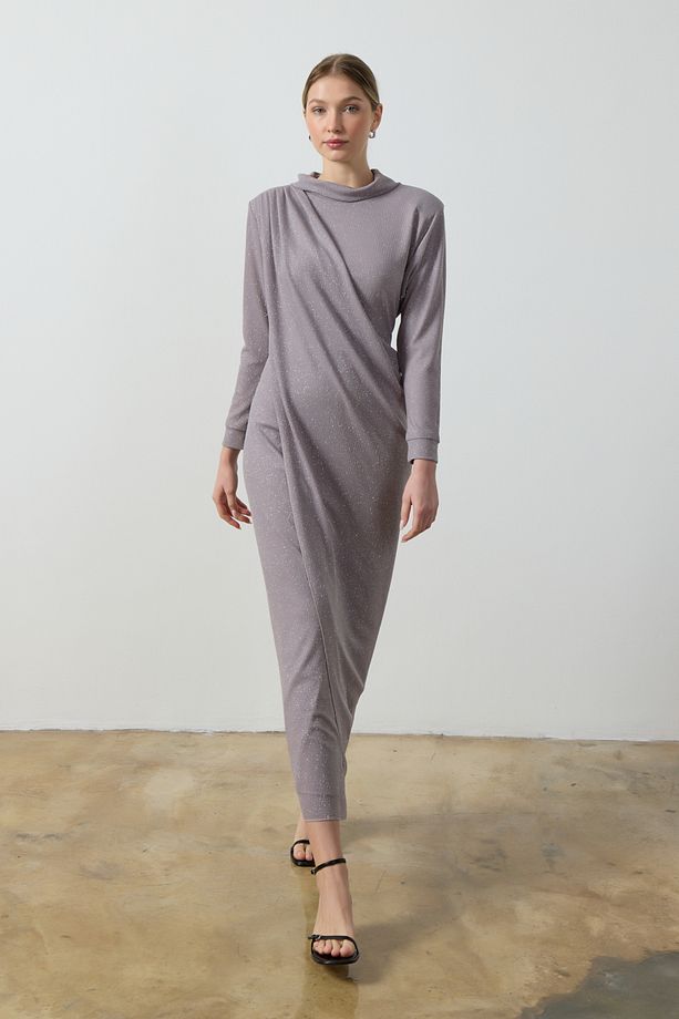 Gri Simli Drape Elbise - 5