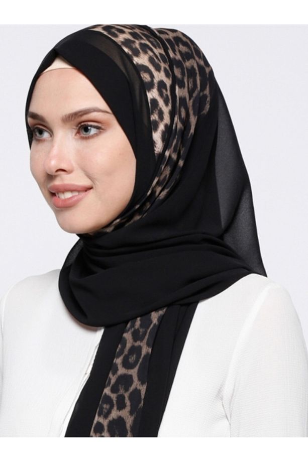 Leopar Su Yolu Şifon Şal - Siyah - 3