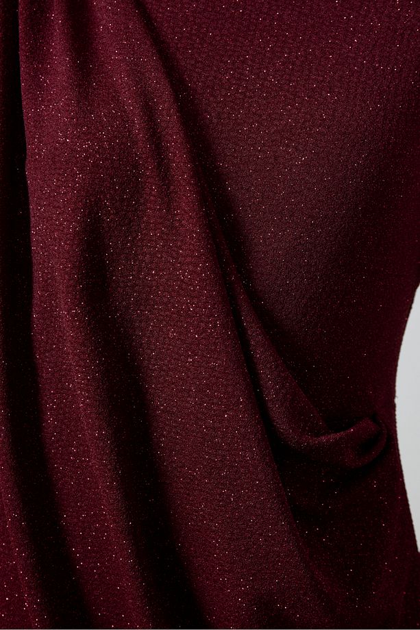 Bordo Simli Drape Elbise - 7