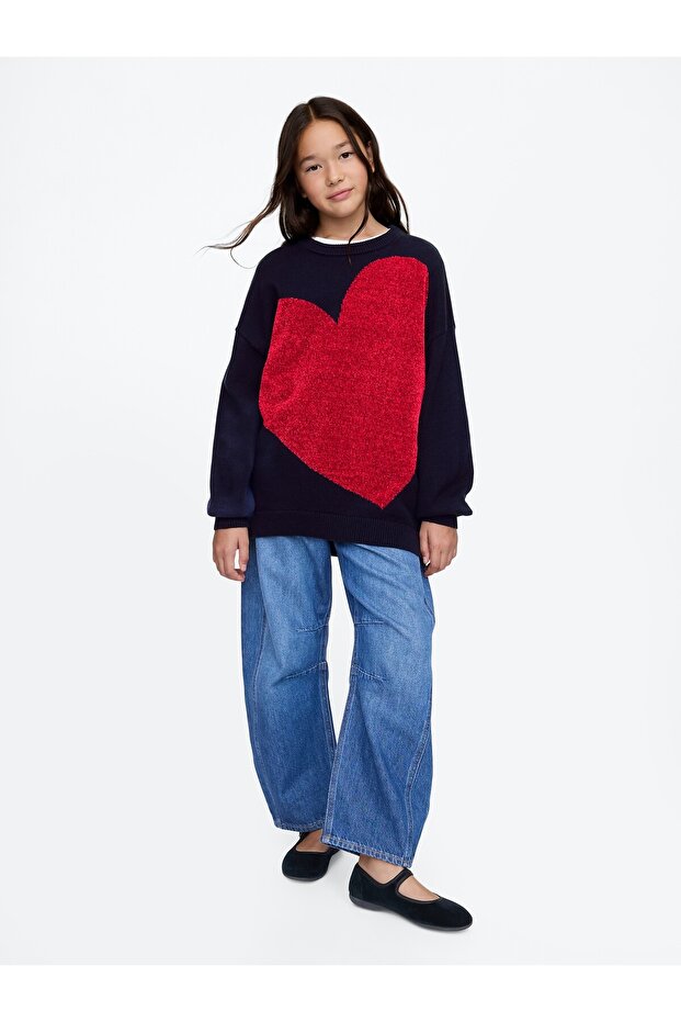 Kız Çocuk Lacivert Grafikli Oversize Tunik Kazak - 4