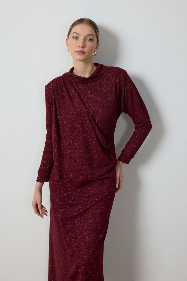 Bordo Simli Drape Elbise - 5