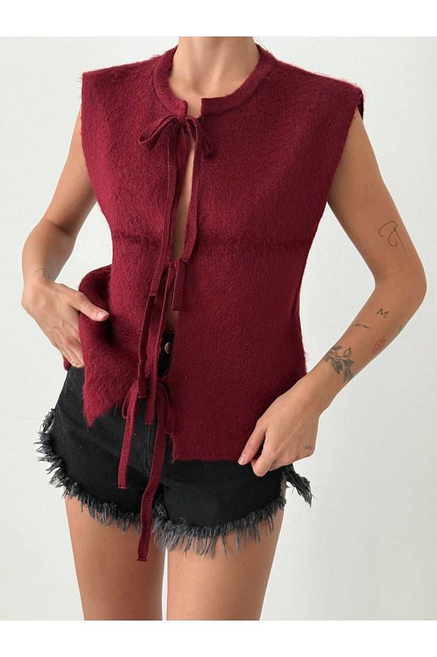 Bordo Önü Bağlamalı Yün Yelek - 4629 - 1