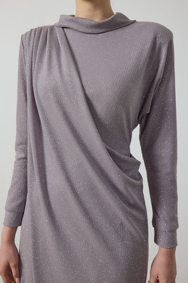 Gri Simli Drape Elbise - 7