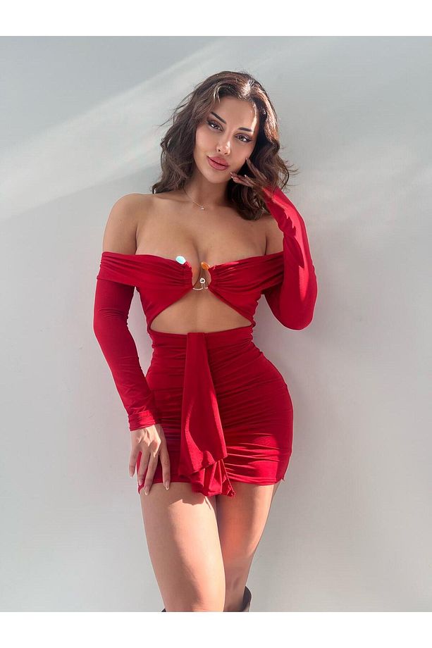 Kırmızı Straplez Tokalı Full Likrali Mini Elbise - 1