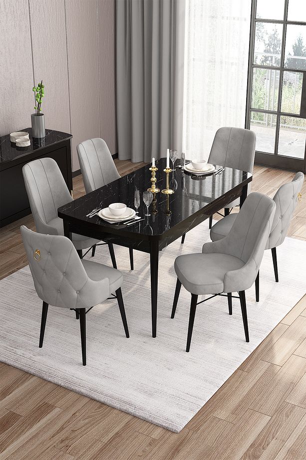 Are Serisi 80x132 Açılabilir Mdf Siyah Mermer Desen Masa Takımı Ve 6 Siyah Sandalye - 3