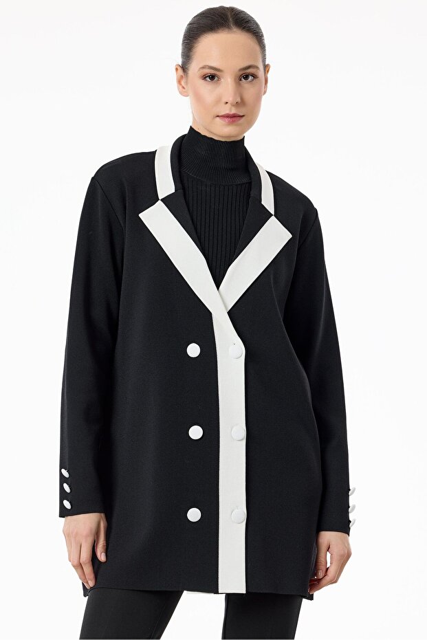 Rayon Jacket - Collar Color Detail, Black-Ekru