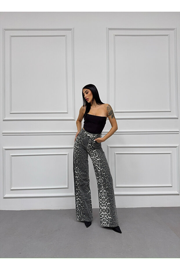 PALAZZO BAGGY LEOPARD BOČNÍ LASEROVÉ KÁMENOVÉ PRANÍ KHAKI JEANS - 2