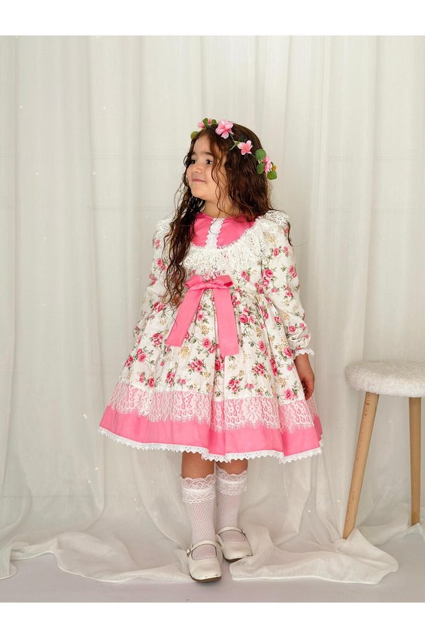 White Floral Vintage Baby Girl Dress, Birthday, Photo Shoot Dress, Suitable for 0-12 Years Old