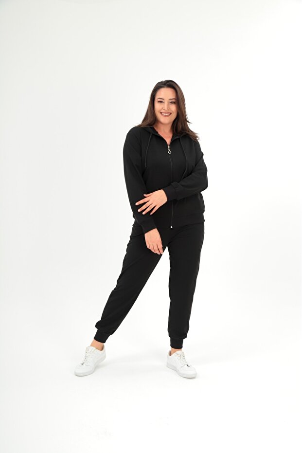 Women's Two Yarn Front Zippered Elastic Leg Hooded Tracksuit Set