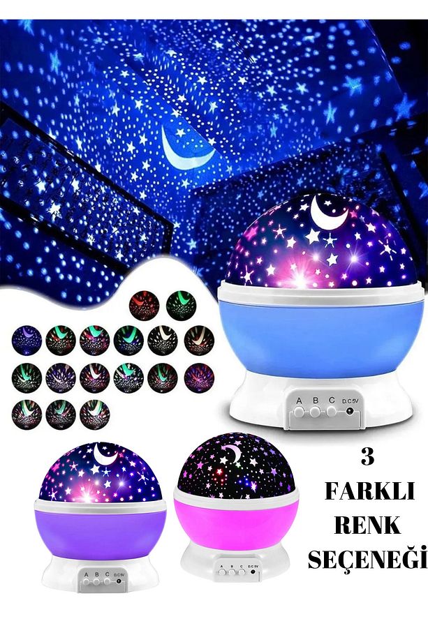 Projeksiyon Led Işıklı Ay Yıldızlı Gece Lambası Çocuk,Bebek,Genç Odası Uyumluve Hediyelik Çok Amaçlı - 1