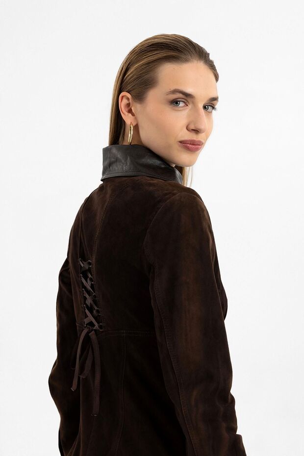 Eylin Kahve Kadın Hakiki Süet Gömlek - 1