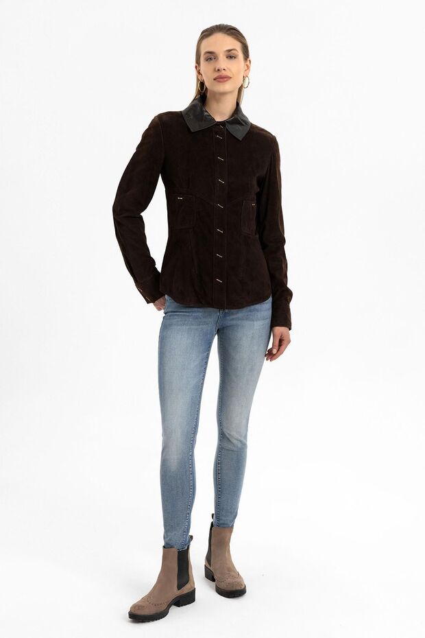 Eylin Kahve Kadın Hakiki Süet Gömlek - 5