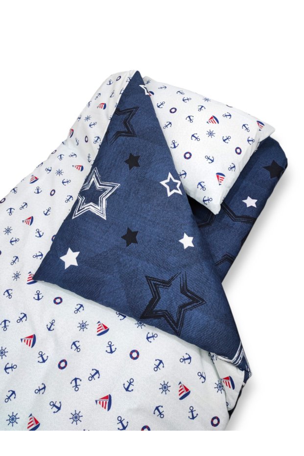 Cotton Kids 80X160 Crib Pillow Sheet Quilt Set Sailor Navy Blue Starry (with Quilt)