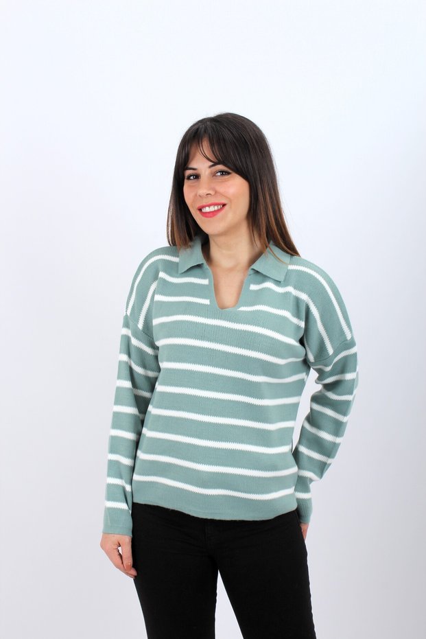 Women's Polo Neck Striped Oversize Knitwear Sweater