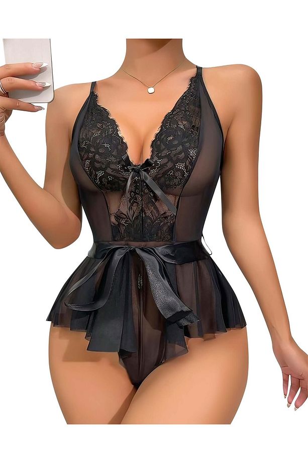 Tül Transparan Çiçekli String Babydoll - (Tül-Dantel) - Gecelik - 3