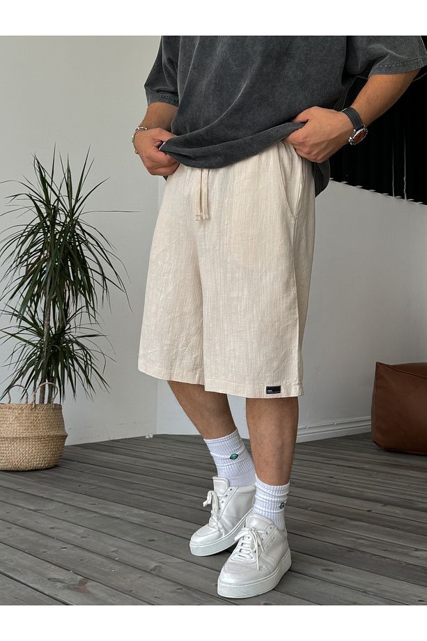 Bej Basic Cotton Şort V-40-510 - 2