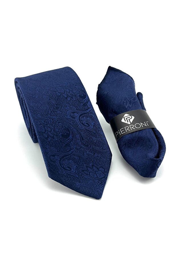 Navy Blue Patterned Handkerchief Tie
