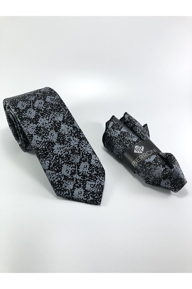Black and Gray Patterned Tie with Handkerchief