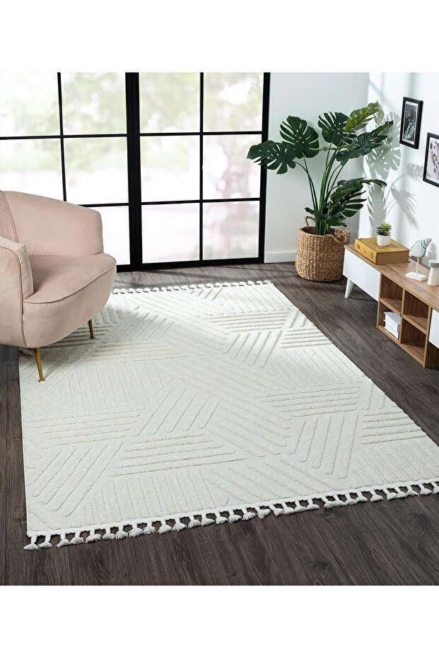 Loop Lp001a Beyaz Halı Dekoratif Sisal Bukle Tozsuz Antialerjik Salon Halısı Yatak Odası Koridor - 4