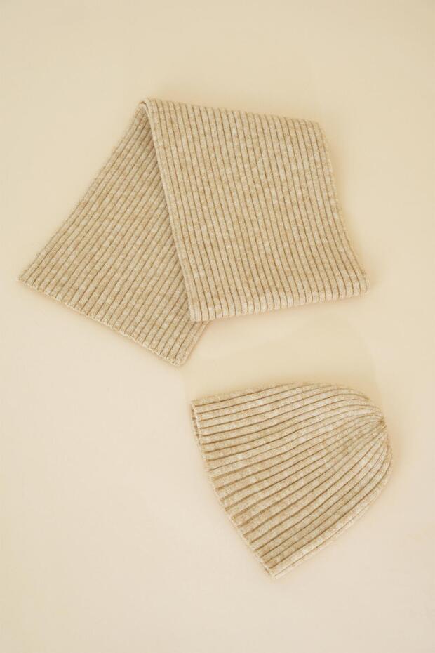 Children's Soft Button Ribbed Scarf Beanie Set 3-6 Years Beige Chkıds101