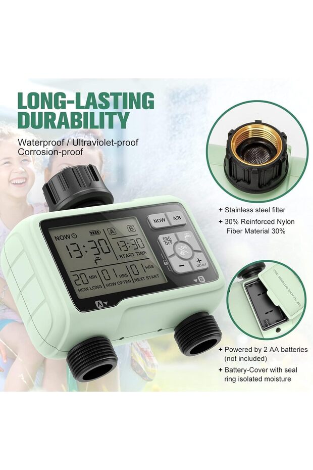 Digital Water Timer Programmable Sprinkler with Rain Delay Large LCD Display - 1 to 2 Point - 6