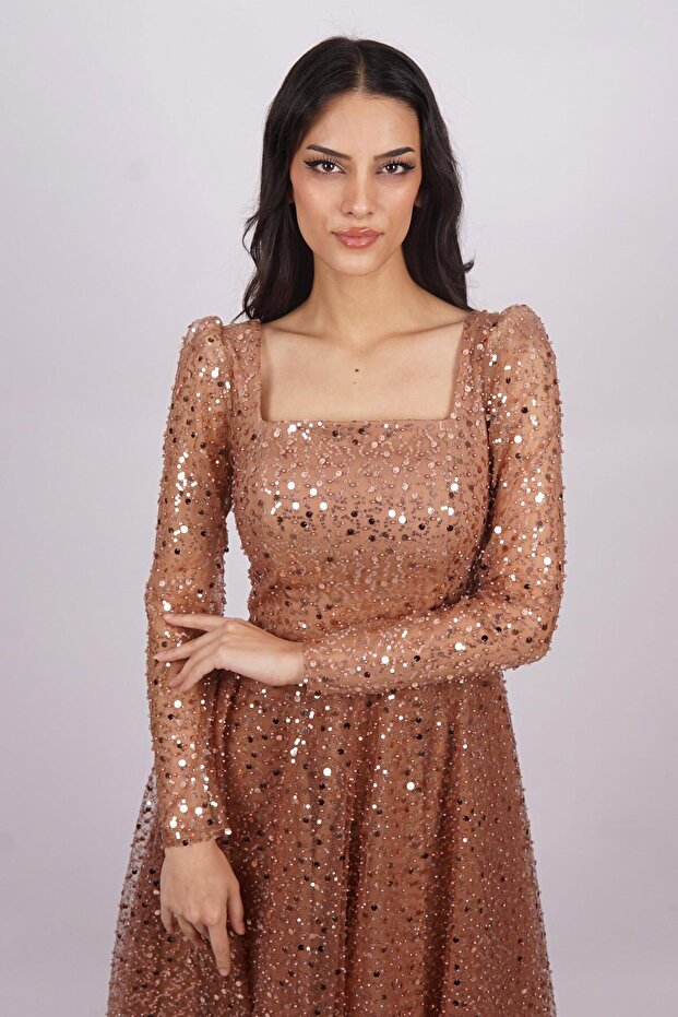 Bakır Yaka Pullu Abiye Elbise - 2