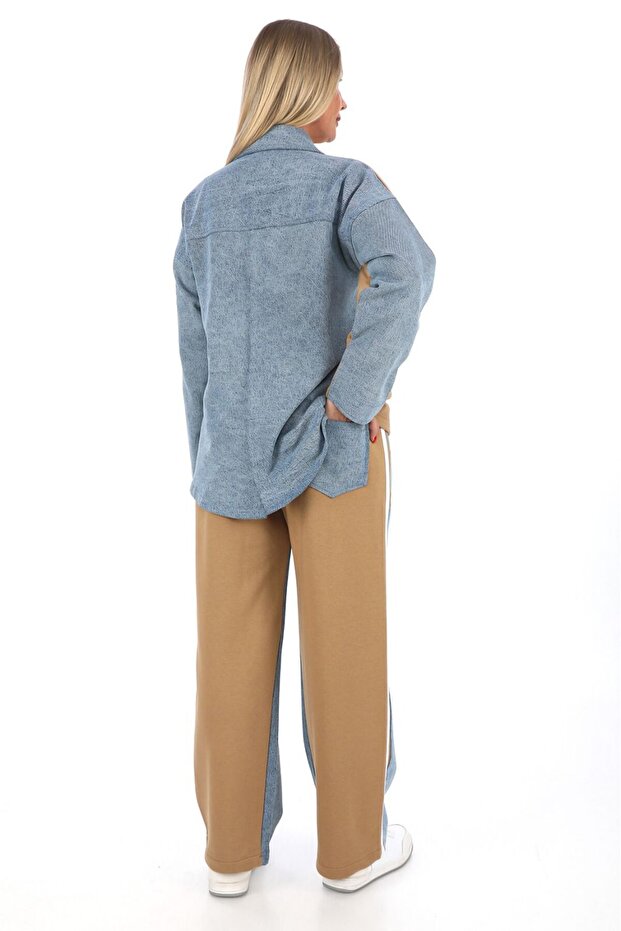 Denim detaylı önü düğmeli eşofman takımı - 3