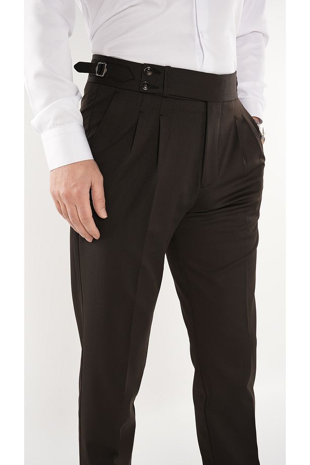 Erkek Regular Fit Yüksek Bel Piliseli Tokalı Kumaş Pantolon-Acı Kahve - 3