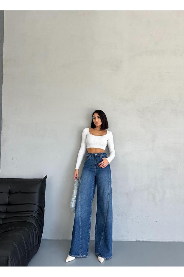 PALAZZO YANDAN DİKİŞLİ MAVİ TAŞLAMALI JEANS - 3