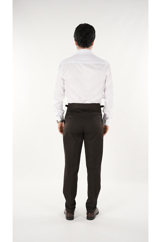 Erkek Regular Fit Yüksek Bel Piliseli Tokalı Kumaş Pantolon-Acı Kahve - 5