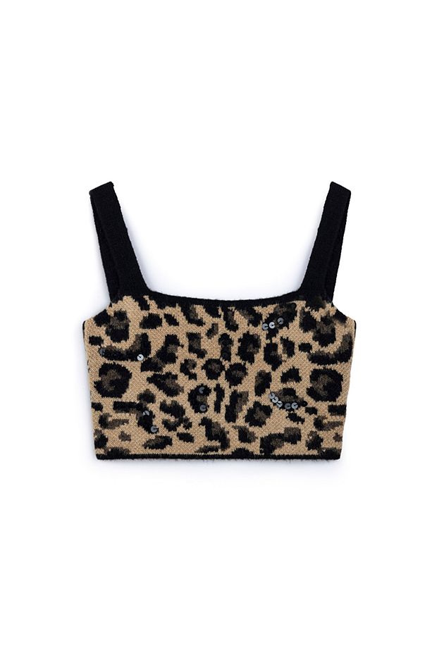 Leopar jakarlı ve işlemeli triko - 3