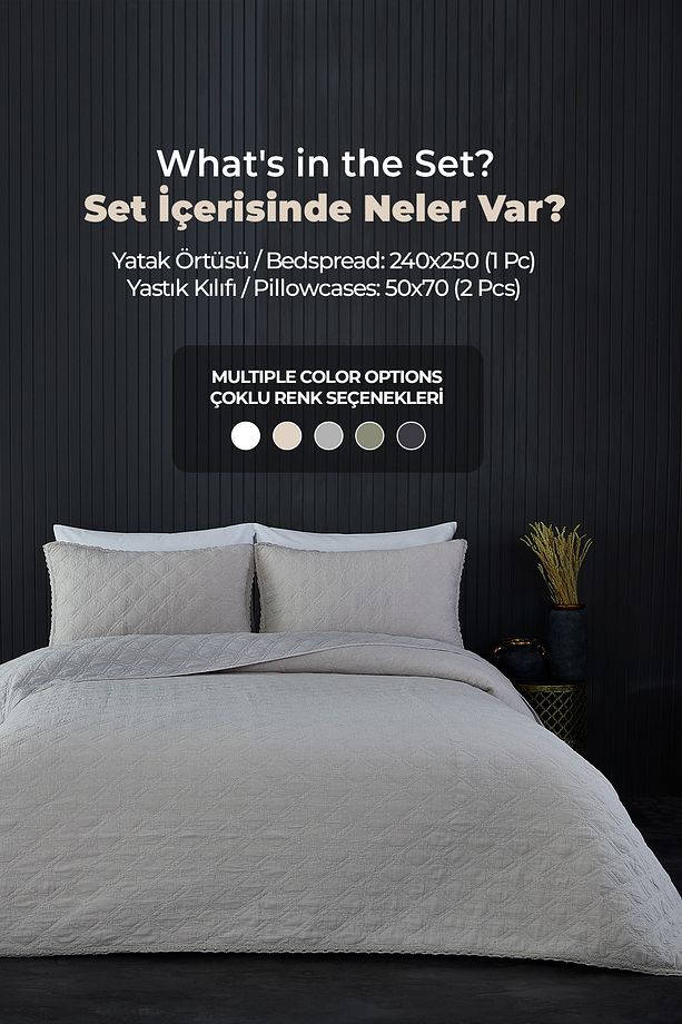 %100 Pamuk Çift Kişilik Pike Takımı Özel Taş Yıkama Yatak Örtüsü Barbara 3 Parça Lüks Yumuşak Bej - 6