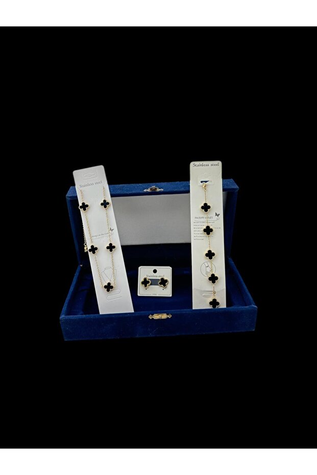 Çelik kolye küpe bileklik yoncalı set - 1
